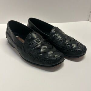 Johnson & Murphy Black Weaved Leather Handcrafted Mens 8.5 Luxury Loafers‎
